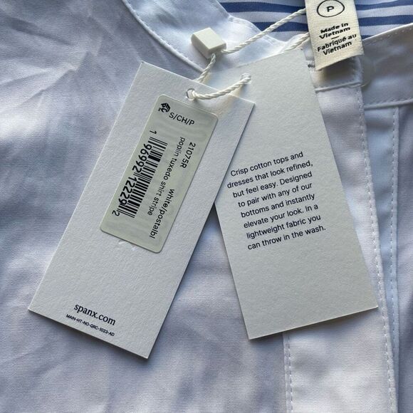 Spanx Poplin Tuxedo Shirt Postal Blue Narrow White Stripe Size Small new - Picture 8 of 13